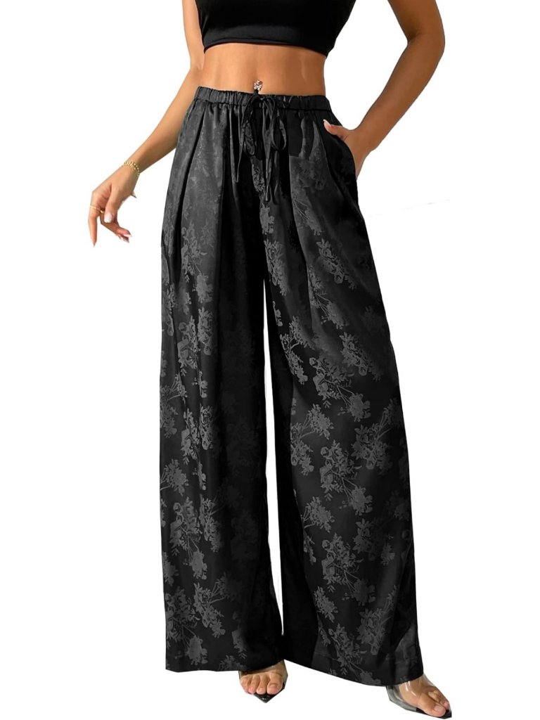 Floral Satin Wide Leg Pants | Silky High Waist Casual Slacks For Women